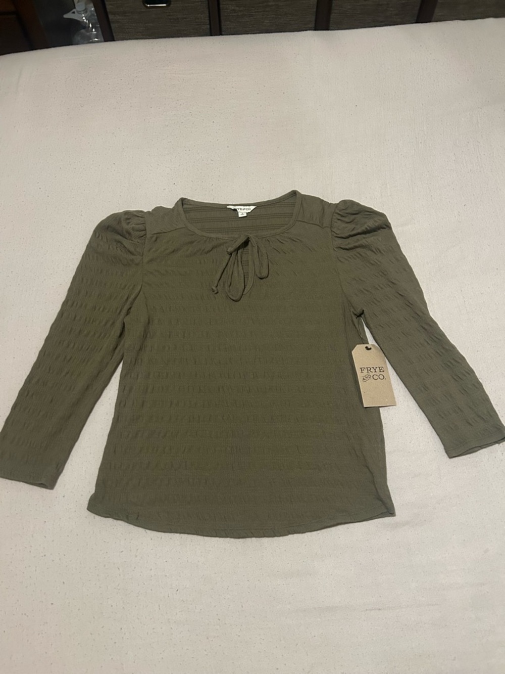 FRYE AND CO. Olive Green Tie-Neck Puff Sleeve Top